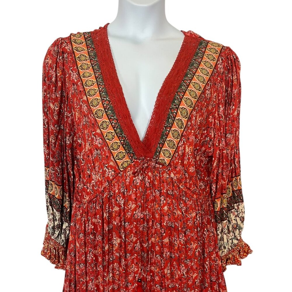 2X Long Sleeve Gauzy Rayon Red Floral Bohemian Maxi Dress Festival Gypsy - Picture 2 of 6